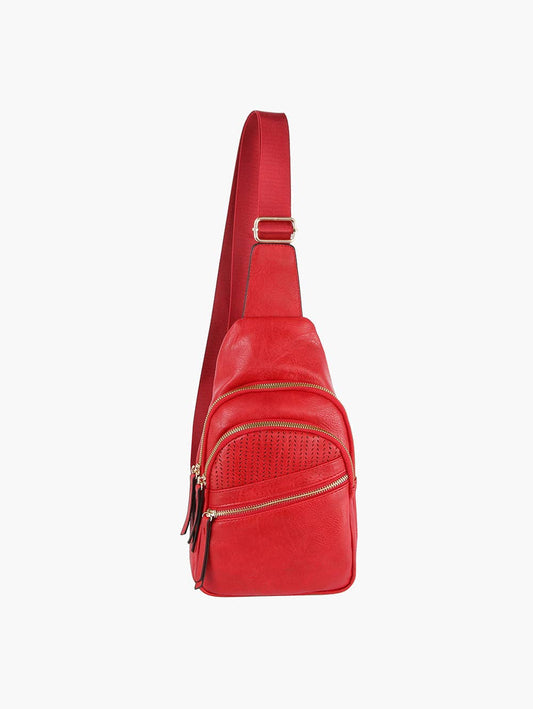 Handbag Factory Corp - Multi Pocket Front Crossbody Sling: Red
