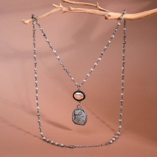 Mia Accessories - Grey Picasso Jasper Rosary Beaded Chain Necklace -Grey