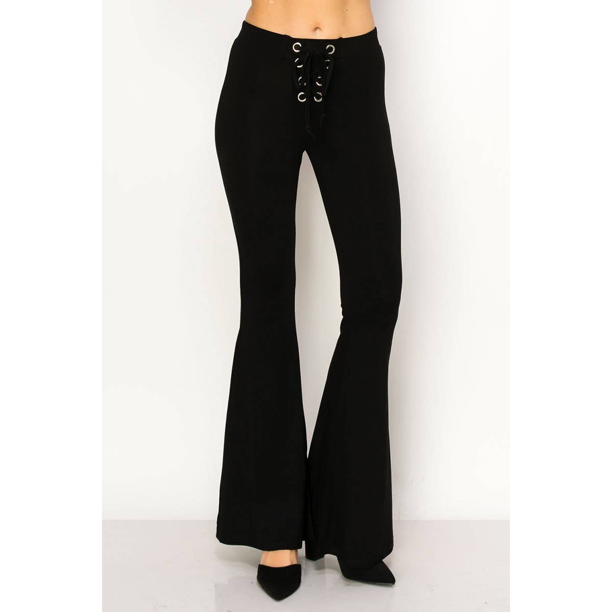 VOCAL - EYELET LACE UP DETAIL WAIST FLARE HEM PANTS : BLACK