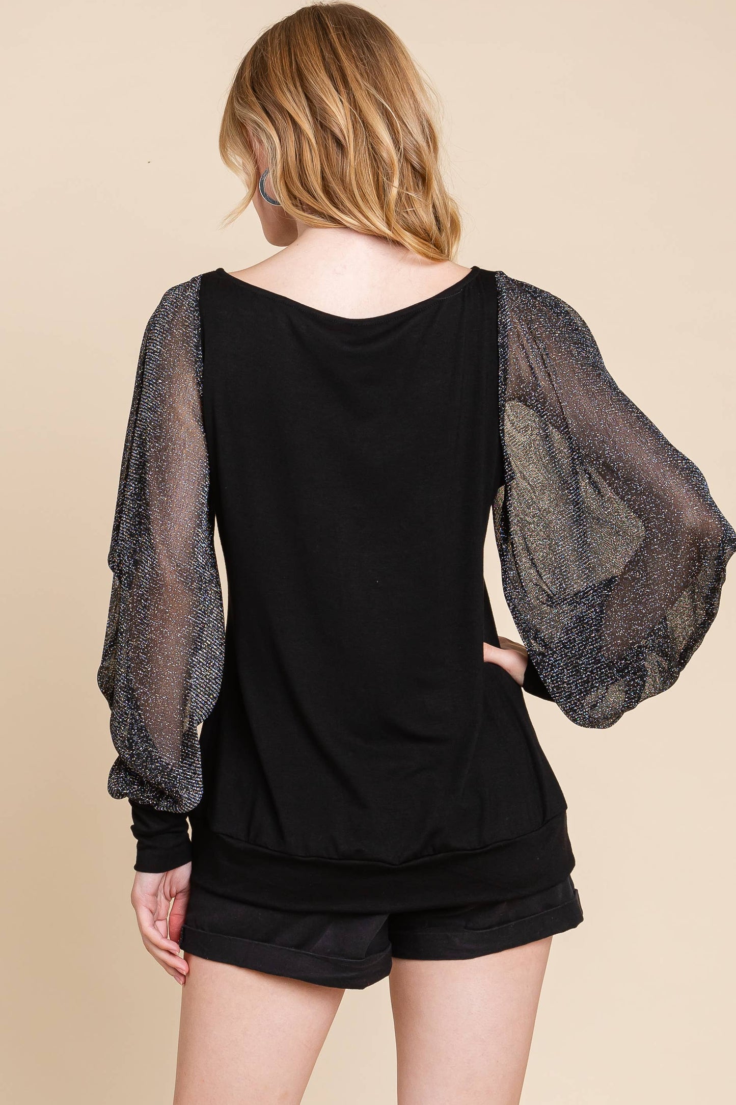 Emerald Collection Fashion Top With Balloon Mesh Sleeves Black