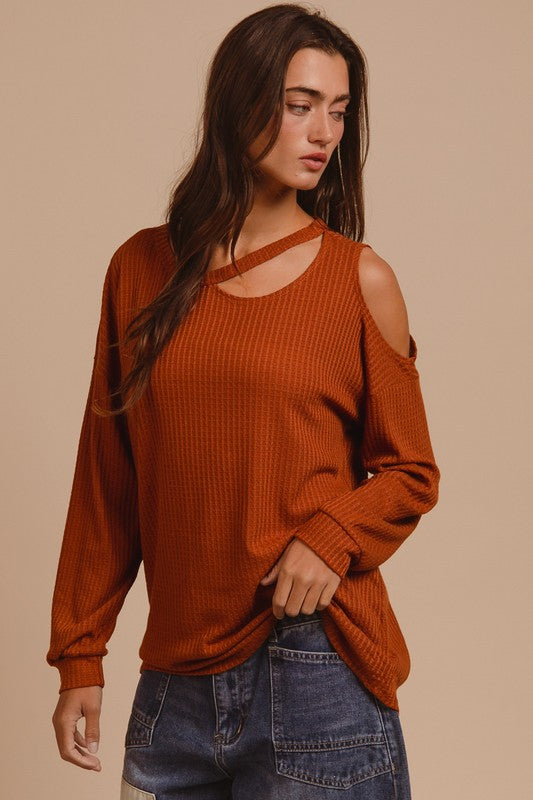 BiBi Thermal Waffle Knit Top With Cut Out