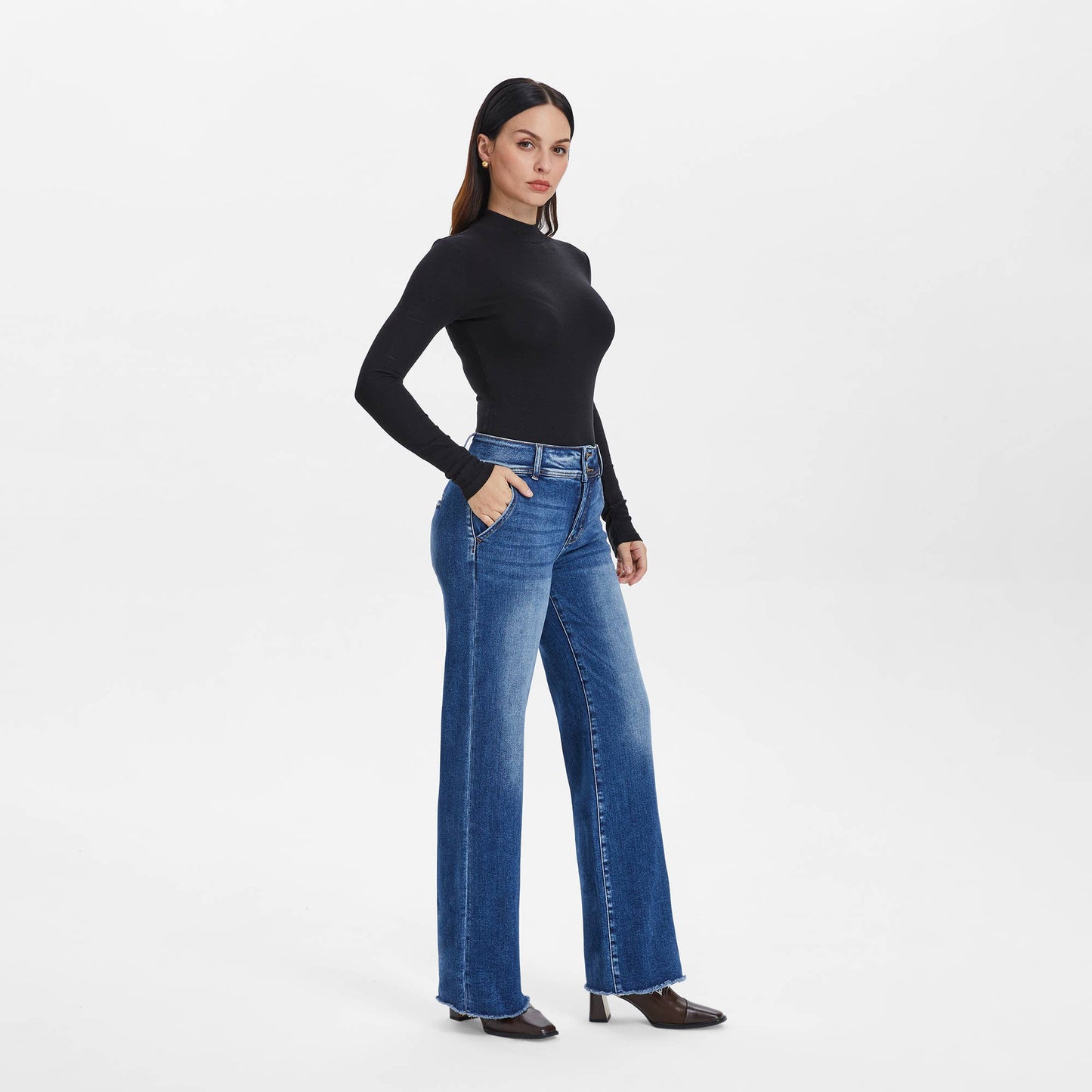 BAYEAS -HIGH RISE STRAIGHT JEANS WITH RAW HEM DARK BLUE