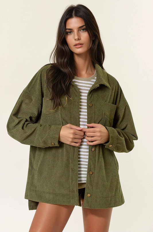 Doe and Rae - Corduroy Front Button Down Oversized Jacket - ARMY