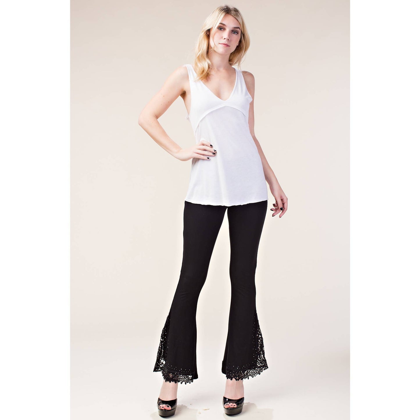 VOCAL - CROCHET LACE BELL BOTTOM LONG PANTS: BLACK