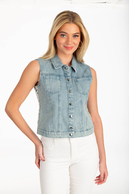 Given Kale - CROCHET BACK DENIM VEST in MEDIUM WASH