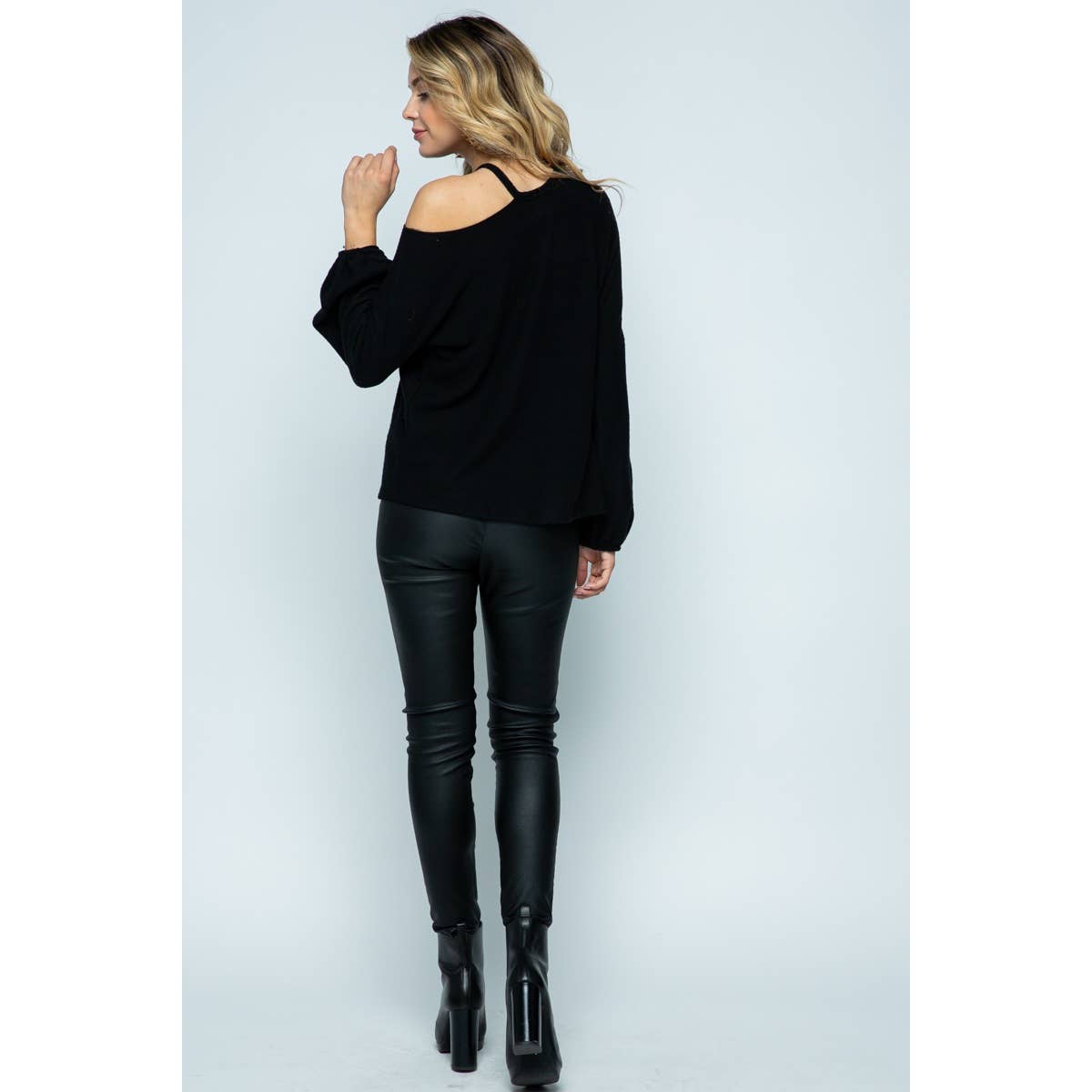 VOCAL - COLD SHOULDER LONG SLEEVE TOP WITH STONES: BLACK