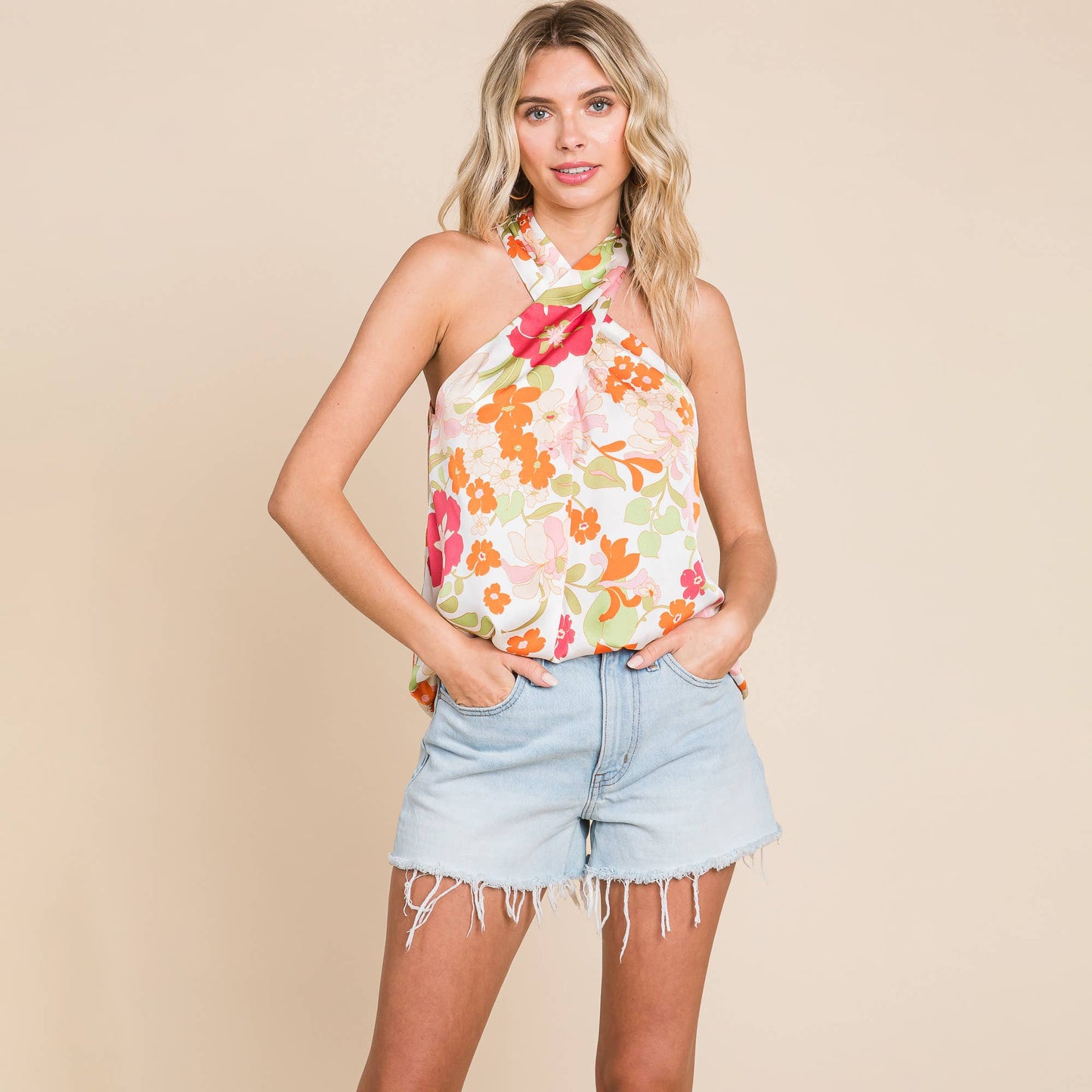 Sleeveless Twisted Halter Neck Floral Printed Top