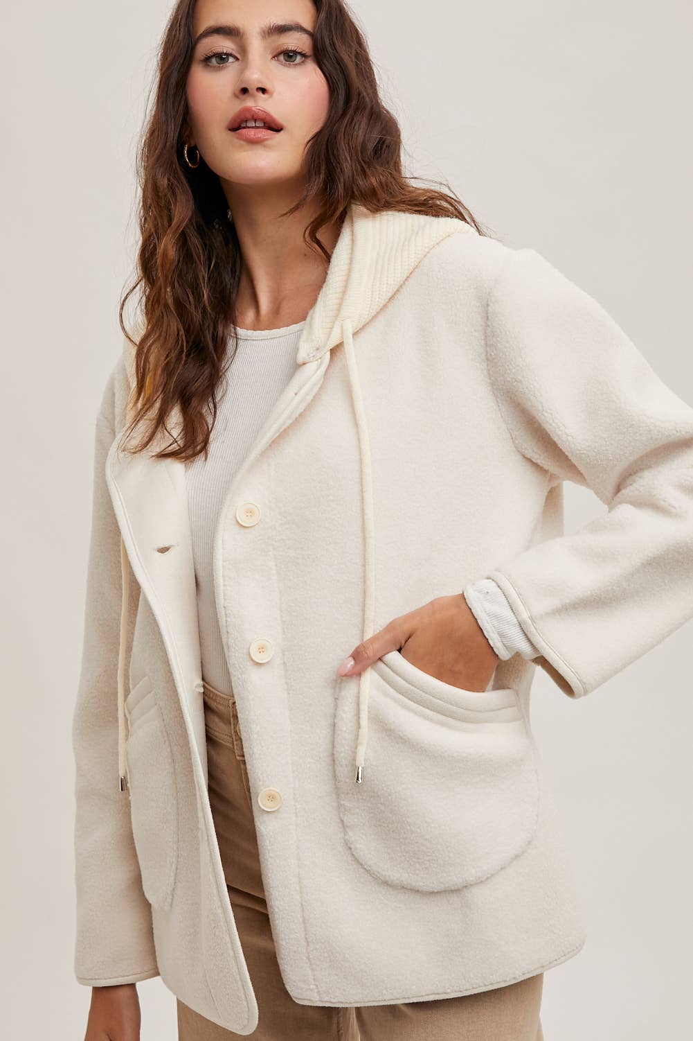 Bluivy - Fleece Hooded Button-Down Jacket Inner Faux Suede in IVORY