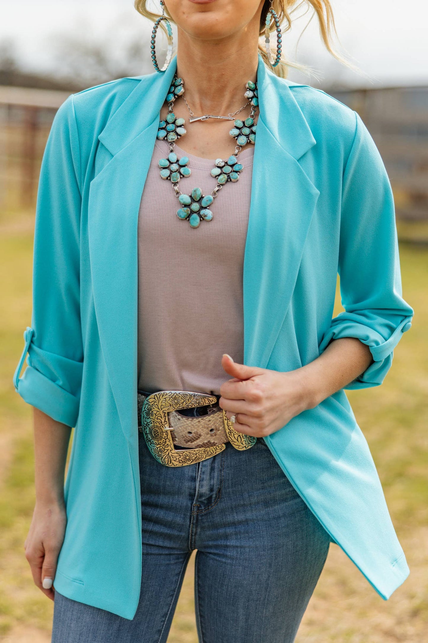 Andrée by Unit - Open Front Relaxed Boyfriend Blazer: AQUA