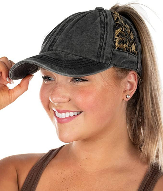 Funky Junque - Criss Cross Ponycap - Black/Leopard Basketweave