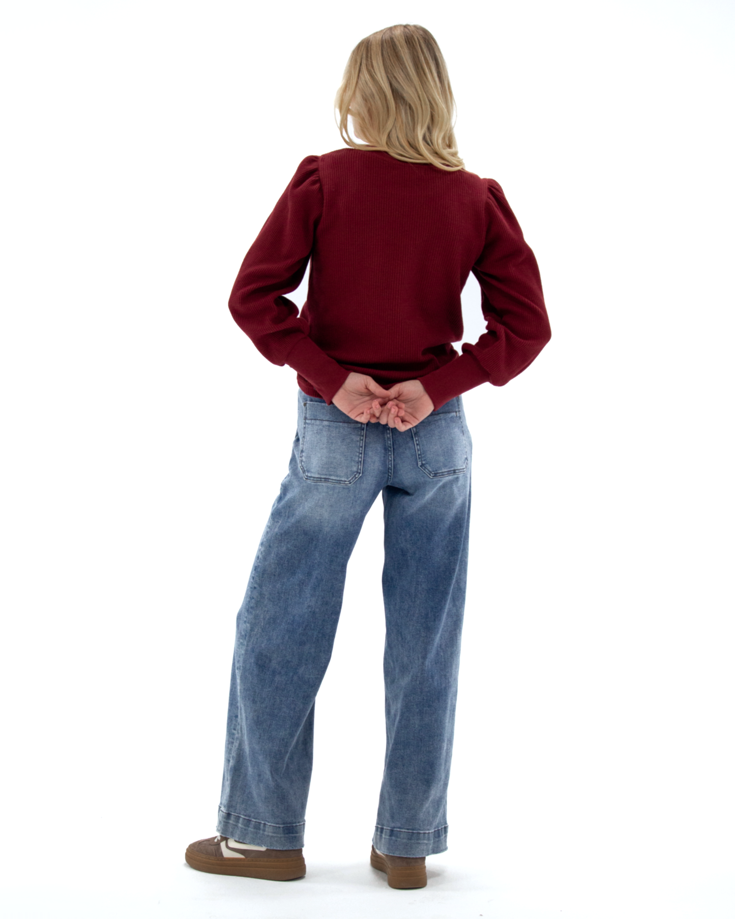 Downeast - Best Days Bishop Long Sleeve Waffle Knit Pullover Top: Biking Red