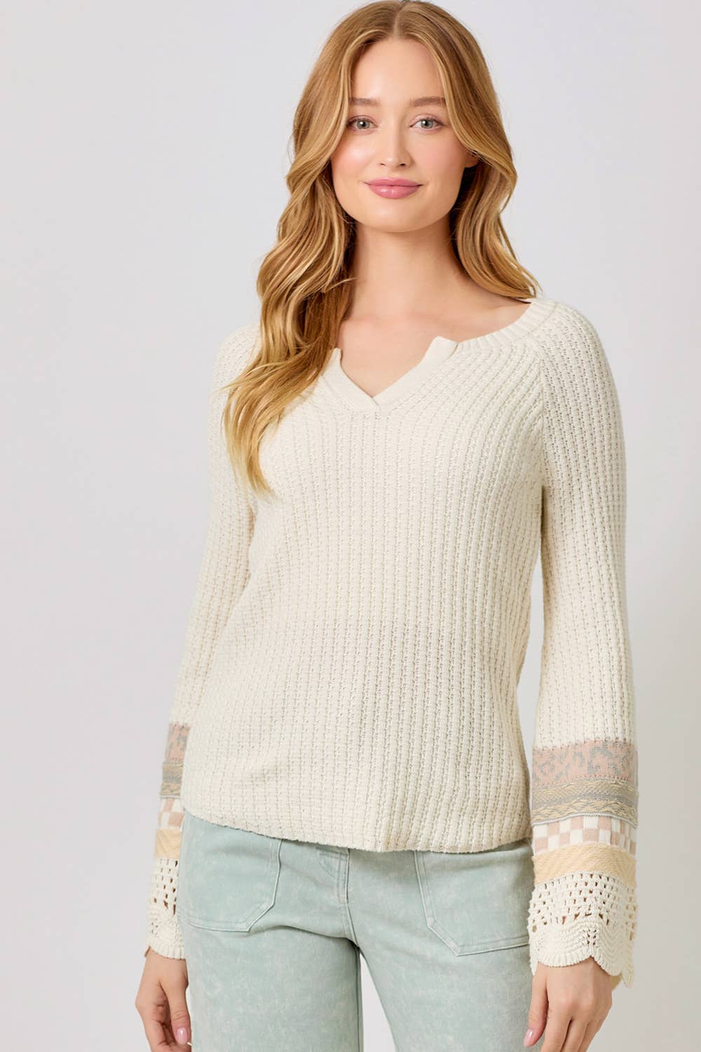 Mixed Sleeve Henley Sweater in Ivory