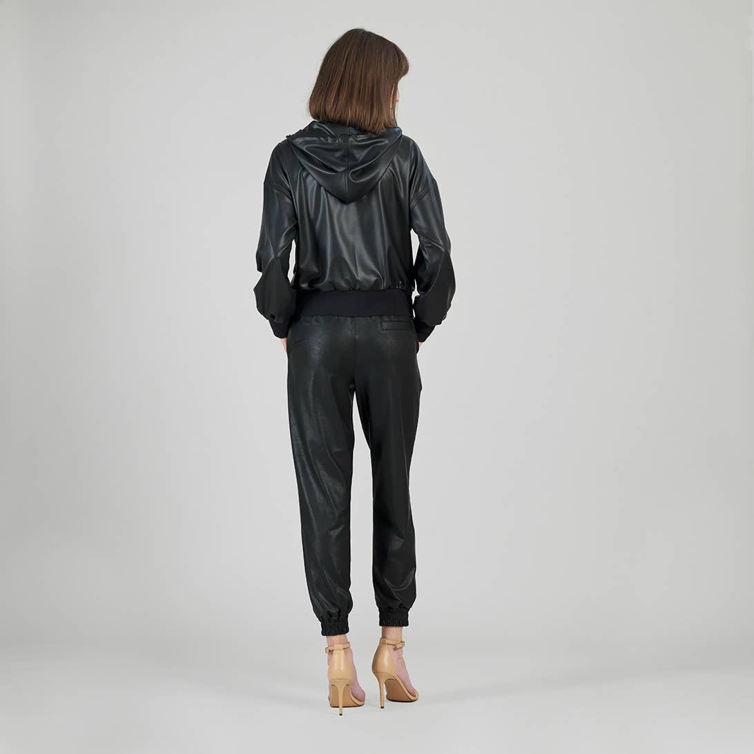 Clara Sunwoo - JKHD - Liquid Leather™ Hooded Drawstring Track Jacket: Black