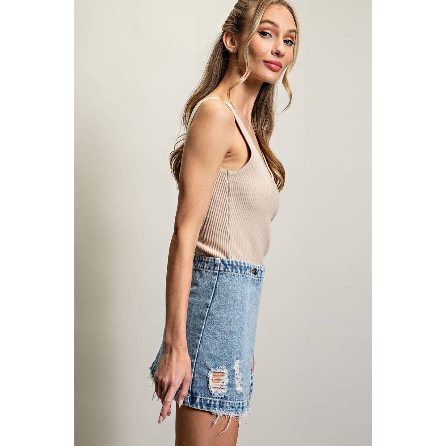 STONE WASHED WRAP MINI SKORT: DENIM