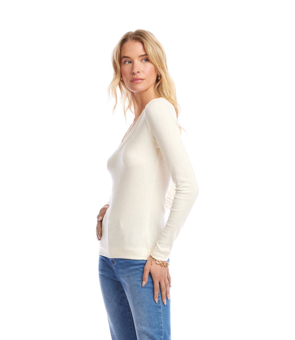 Karen Kane - Long Sleeve Ribbed V-Neck Top in Dark Cream