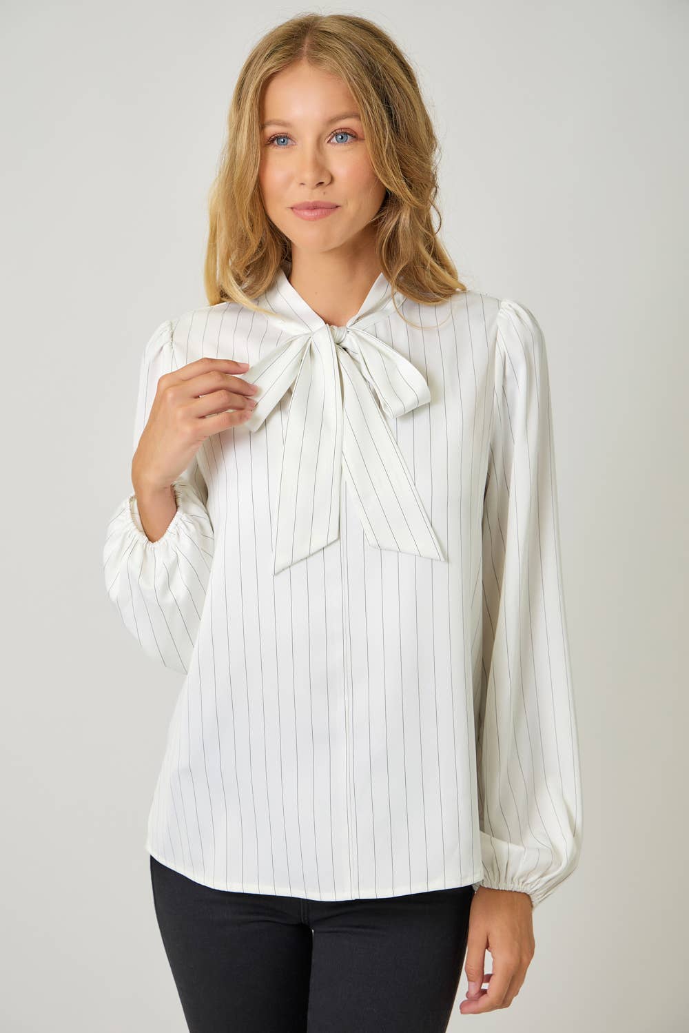 Ribbon Tie Stripe Shirt in Ivory