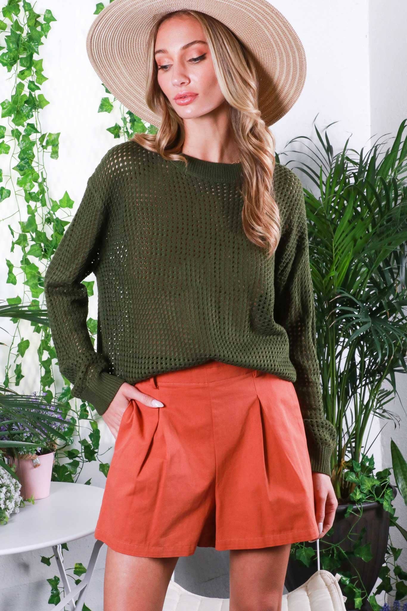 Vine & Love - Crew Neck Drop Shoulder Long-Sleeve Crochet Sweater Olive