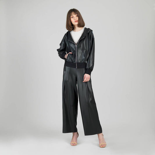 Clara Sunwoo - JKHD - Liquid Leather™ Hooded Drawstring Track Jacket: Black