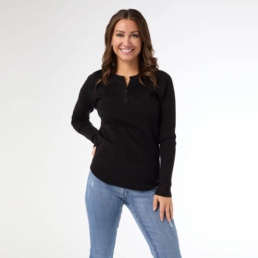 COCO + CARMEN - Kym Soft Henley Top with Buttons - Black Only