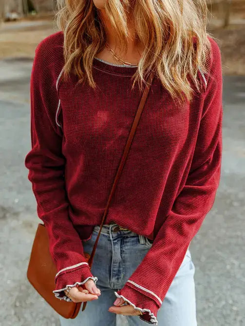 Fiery Red Textured Round Neck Long Sleeve Top