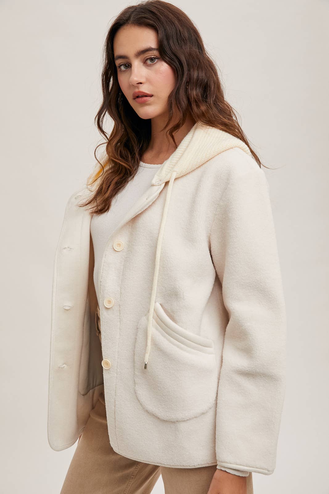 Bluivy - Fleece Hooded Button-Down Jacket Inner Faux Suede in IVORY