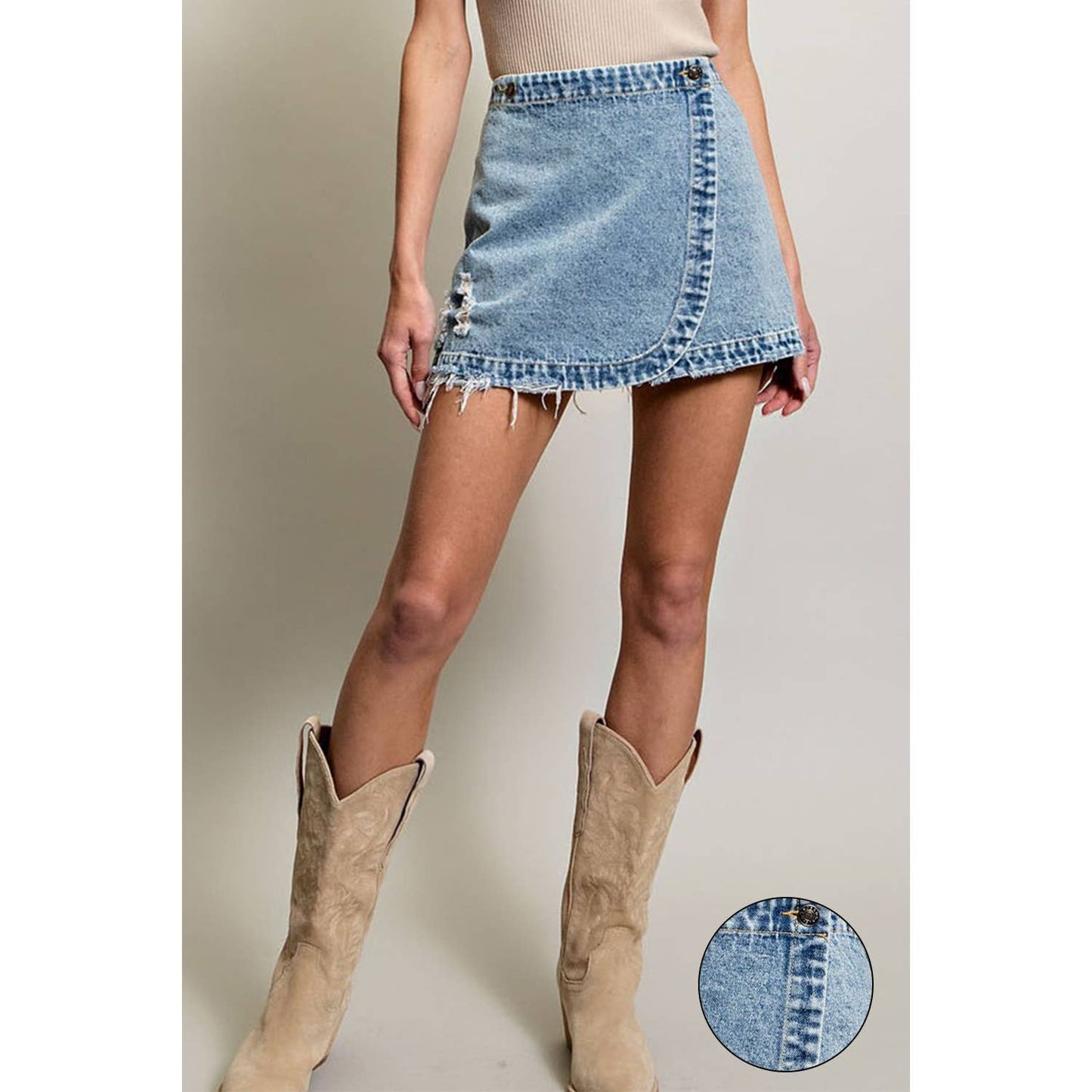 STONE WASHED WRAP MINI SKORT: DENIM