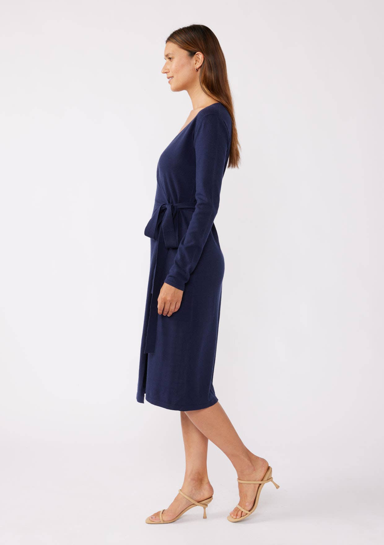 Long Sleeve Sweater Wrap Dress in Navy