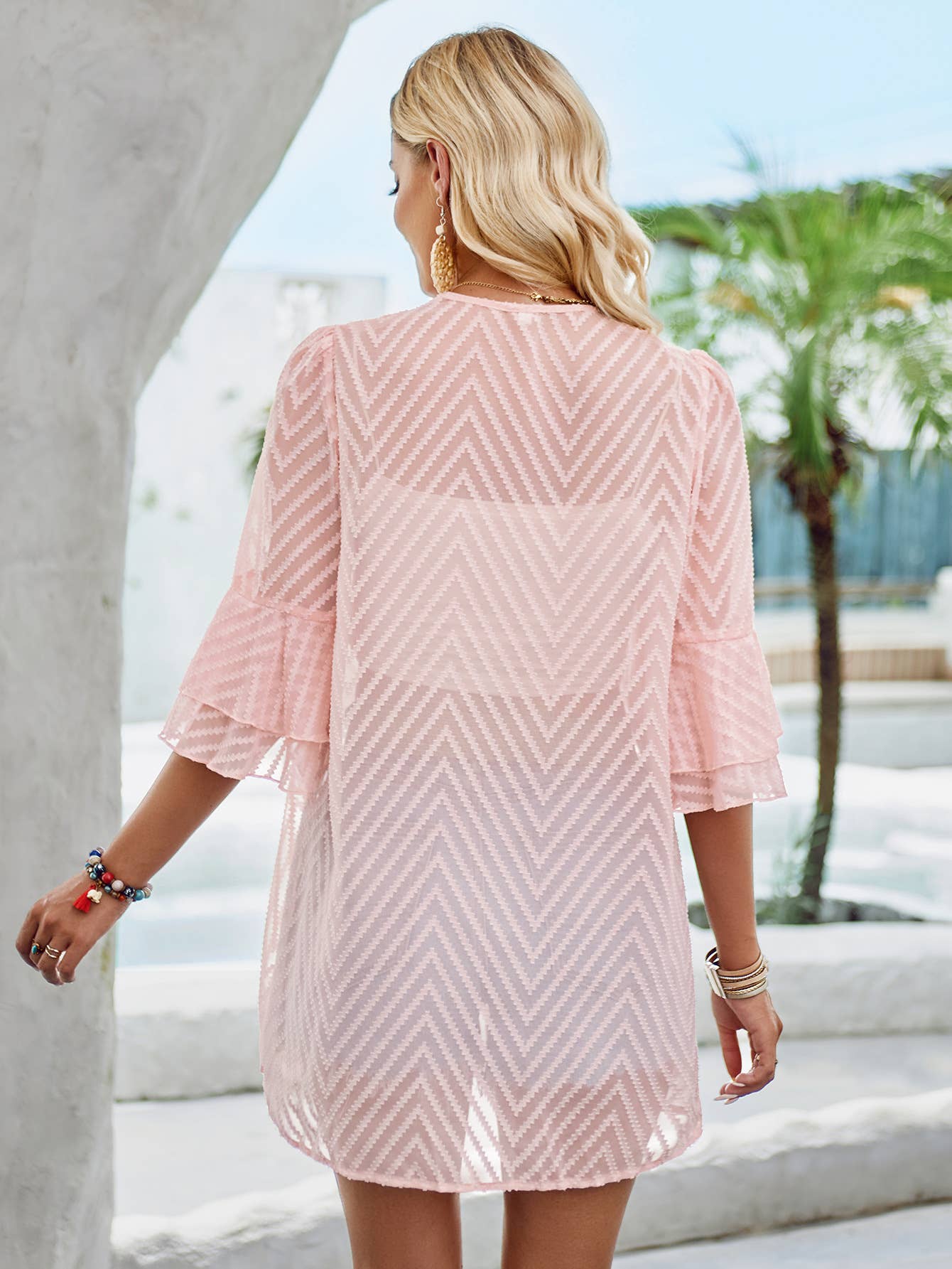 ePretty - Semi Sheer Chevron Tiered Sleeve Kimono Cardigan Pink