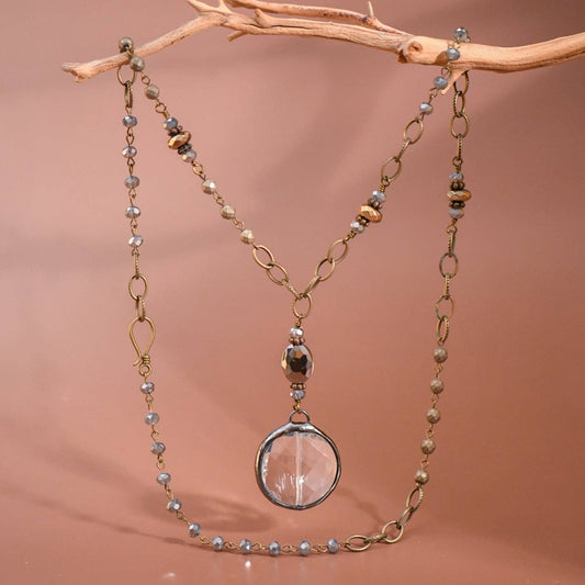 Mia Accessories - Boho Long Beaded Chain Link Necklace, Glass Crystal Round Pendant
