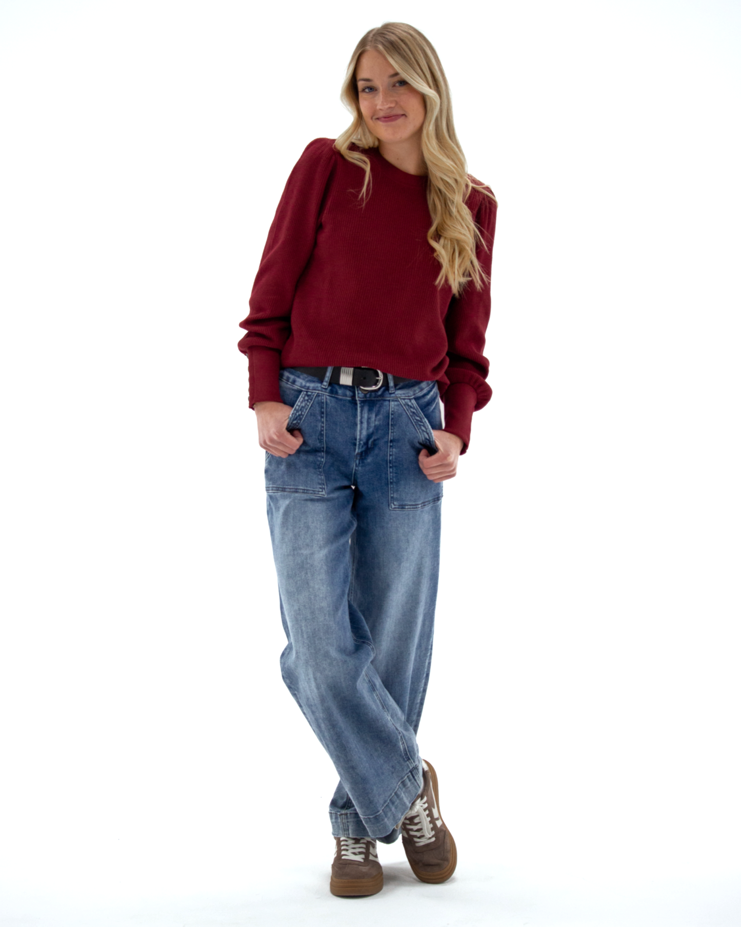 Downeast - Best Days Bishop Long Sleeve Waffle Knit Pullover Top: Biking Red