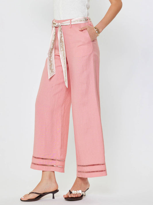 Current Air - Linen Blend Cropped Wide Pants W/ Scarf Belt: Pink