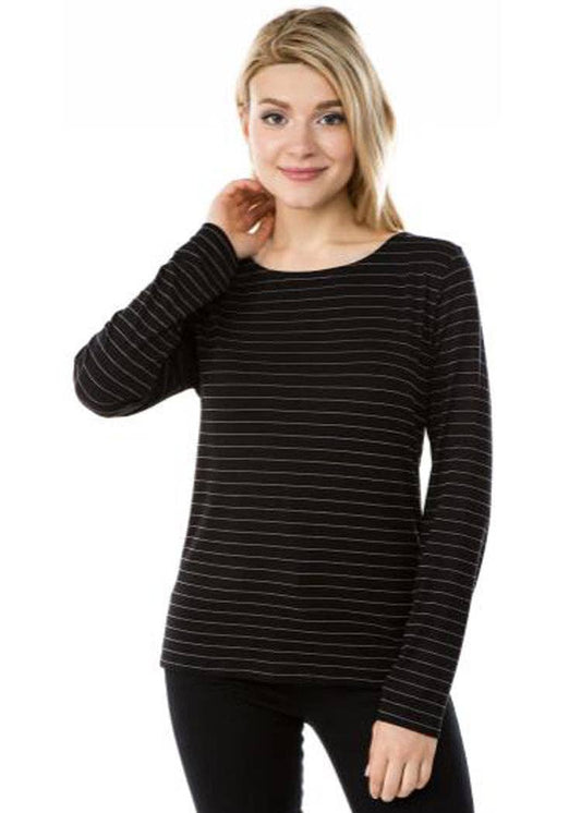 APNY - Long Sleeve Button Back Dot Pinstripe Knit Top: Black/White Stripe / M