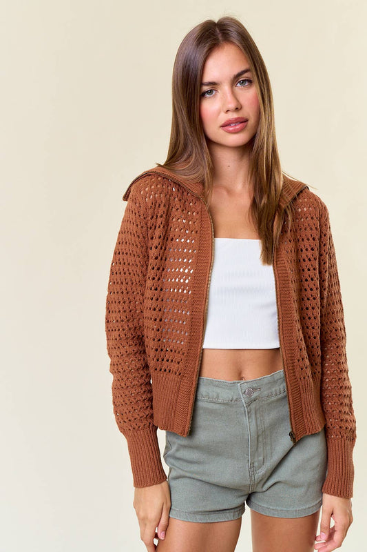 Doe and Rae - Zip-Up Pointelle Open Knit Sweater Jacket - Caramel