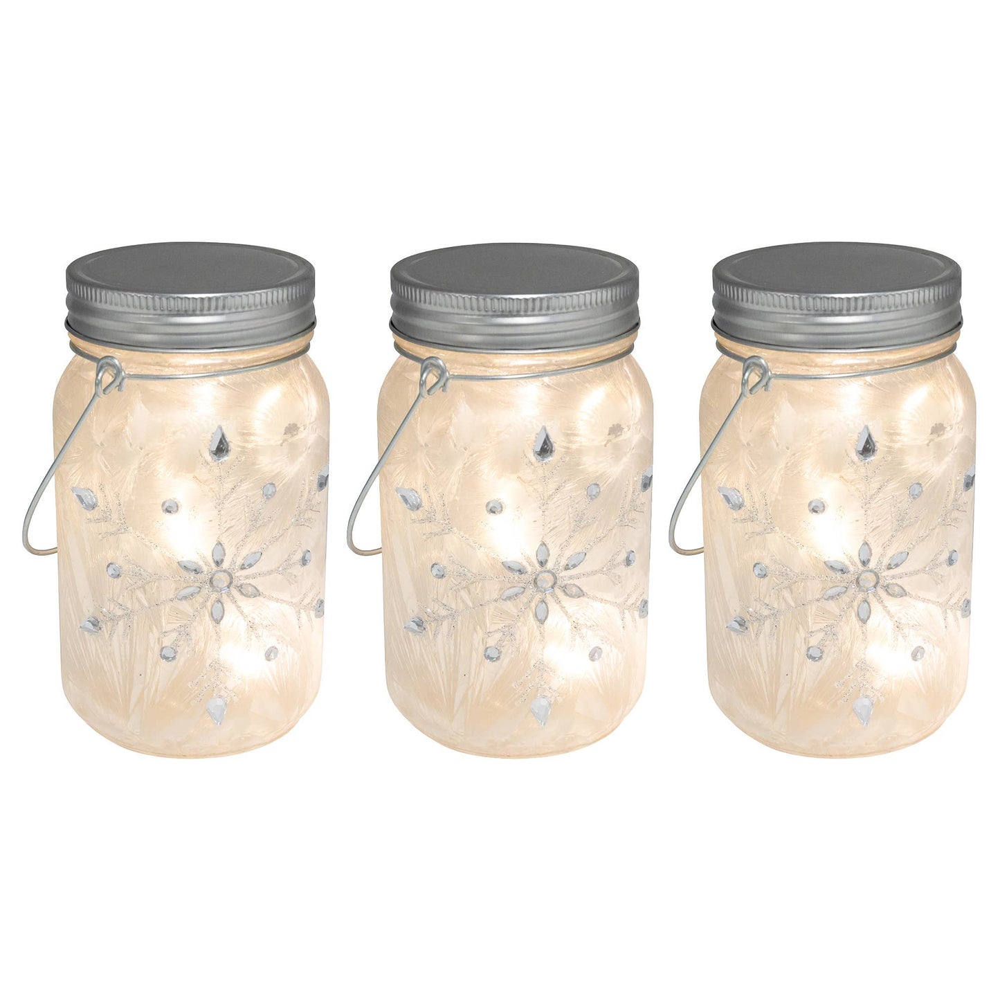 LumaBase - Battery-Operated Silver Snowflake Glass Mason Jar