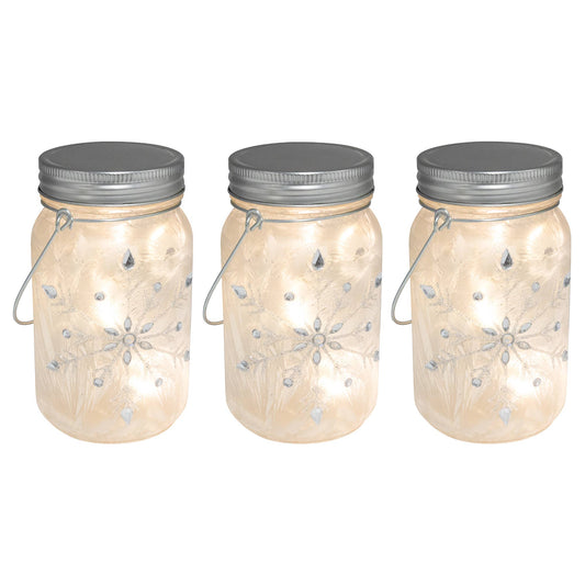 LumaBase - Battery-Operated Silver Snowflake Glass Mason Jars, 3ct