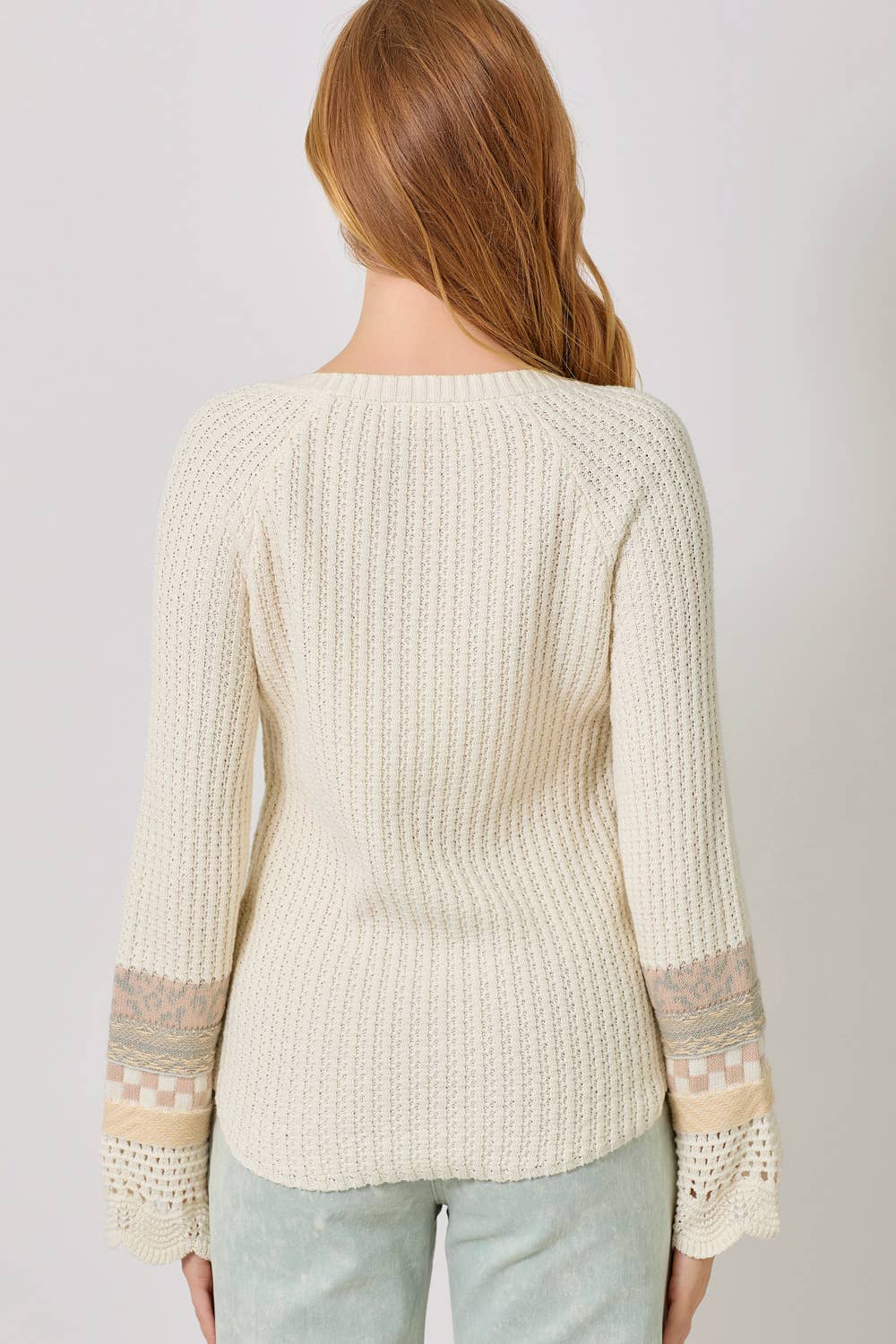 Mixed Sleeve Henley Sweater in Ivory