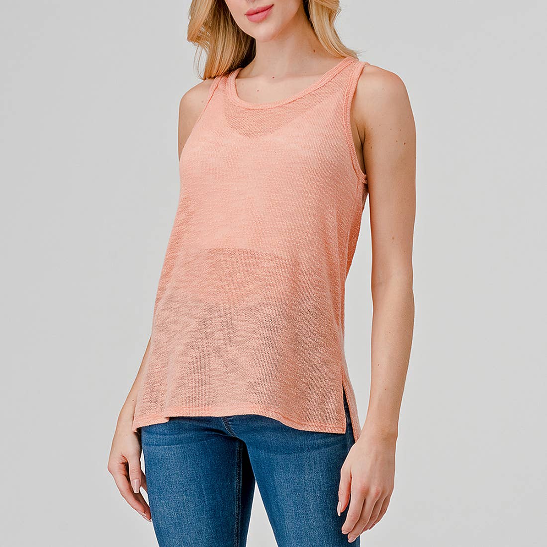 Heimious - Slub Texture Tank Top w/ Side Slits in Apricot