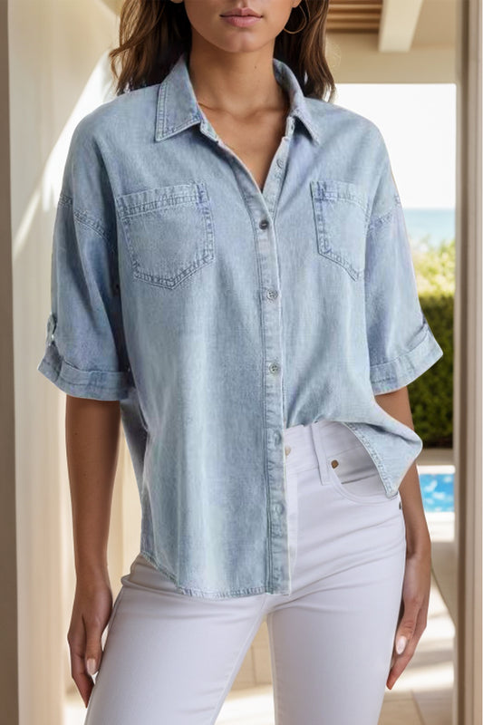 ONLINE ONLY! Pocketed Button Up Half Sleeve Denim Shirt