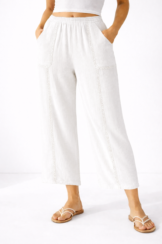 Pine Apparel - Cotton Gauze Cropped Wide Leg Pant w/ Crochet Lace Trim: White