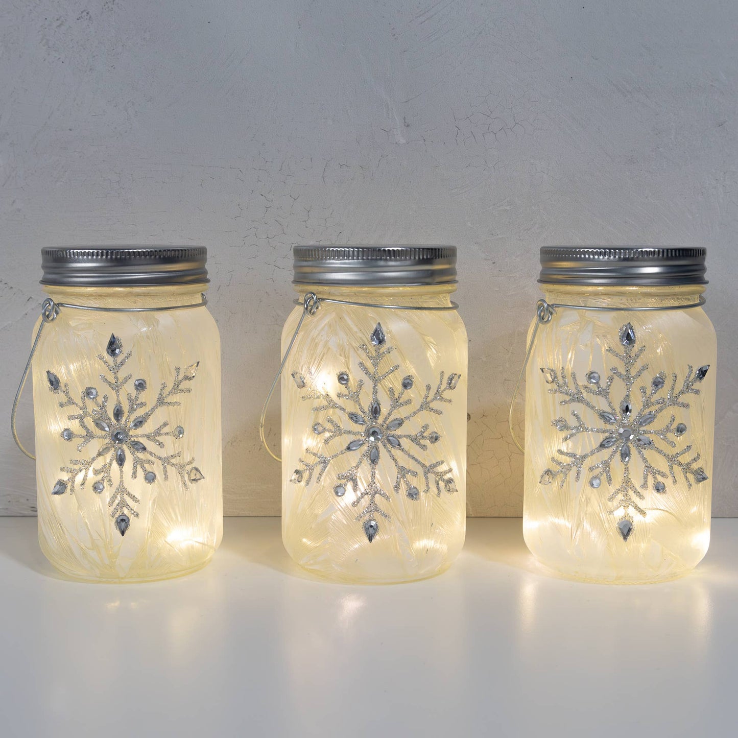 LumaBase - Battery-Operated Silver Snowflake Glass Mason Jar