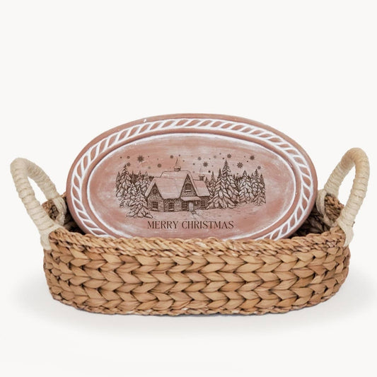 KORISSA - Handmade Bread Warmer & Wicker Basket - Christmas Oval: Christmas Village