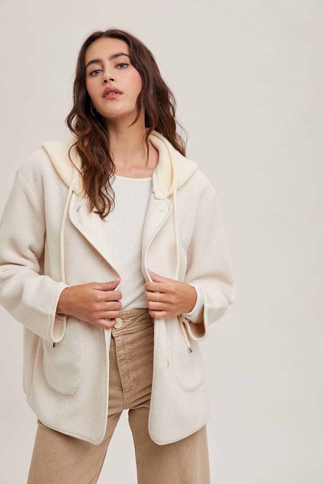 Bluivy - Fleece Hooded Button-Down Jacket Inner Faux Suede in IVORY