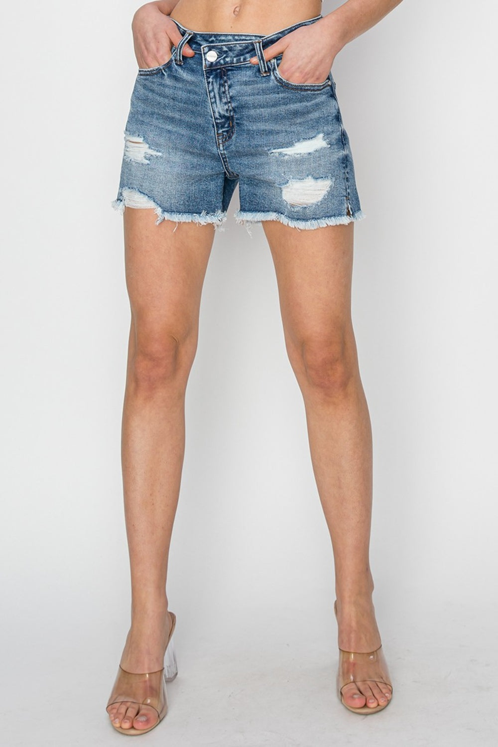 ONLINE ONLY! RISEN Stepped Waist Frayed Denim Shorts