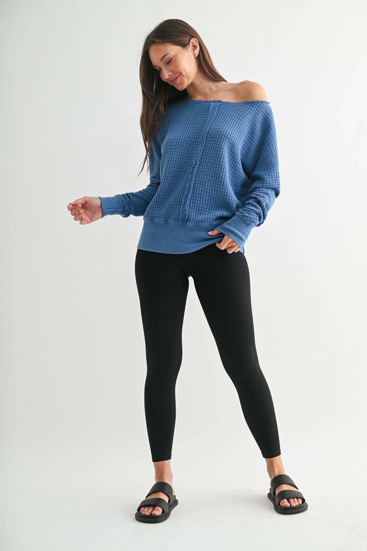Mono B - Chunky Waffle Boat Neck Sweater: BLUE 25