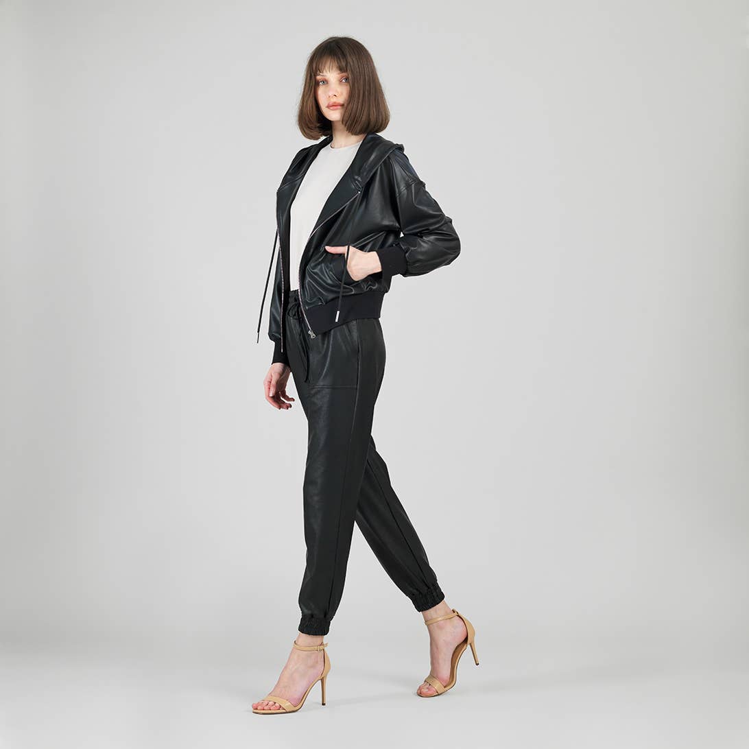 Clara Sunwoo - JKHD - Liquid Leather™ Hooded Drawstring Track Jacket: Black