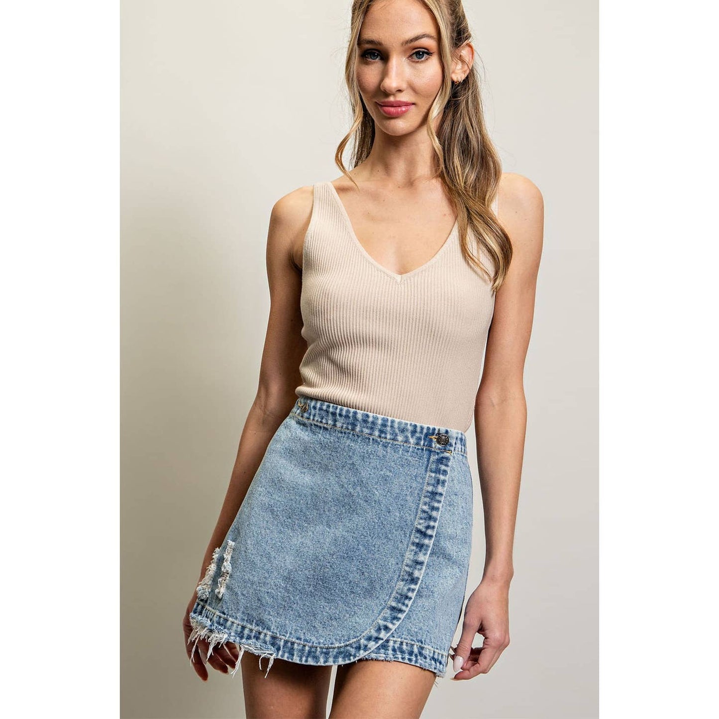 STONE WASHED WRAP MINI SKORT: DENIM