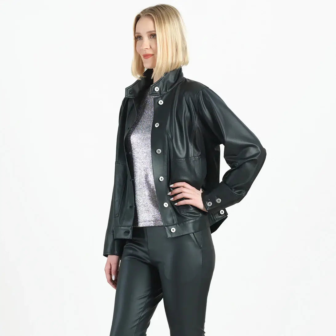 Clara Sunwoo - Liquid Leather ™ Button Closure Pocket Jacket: Black