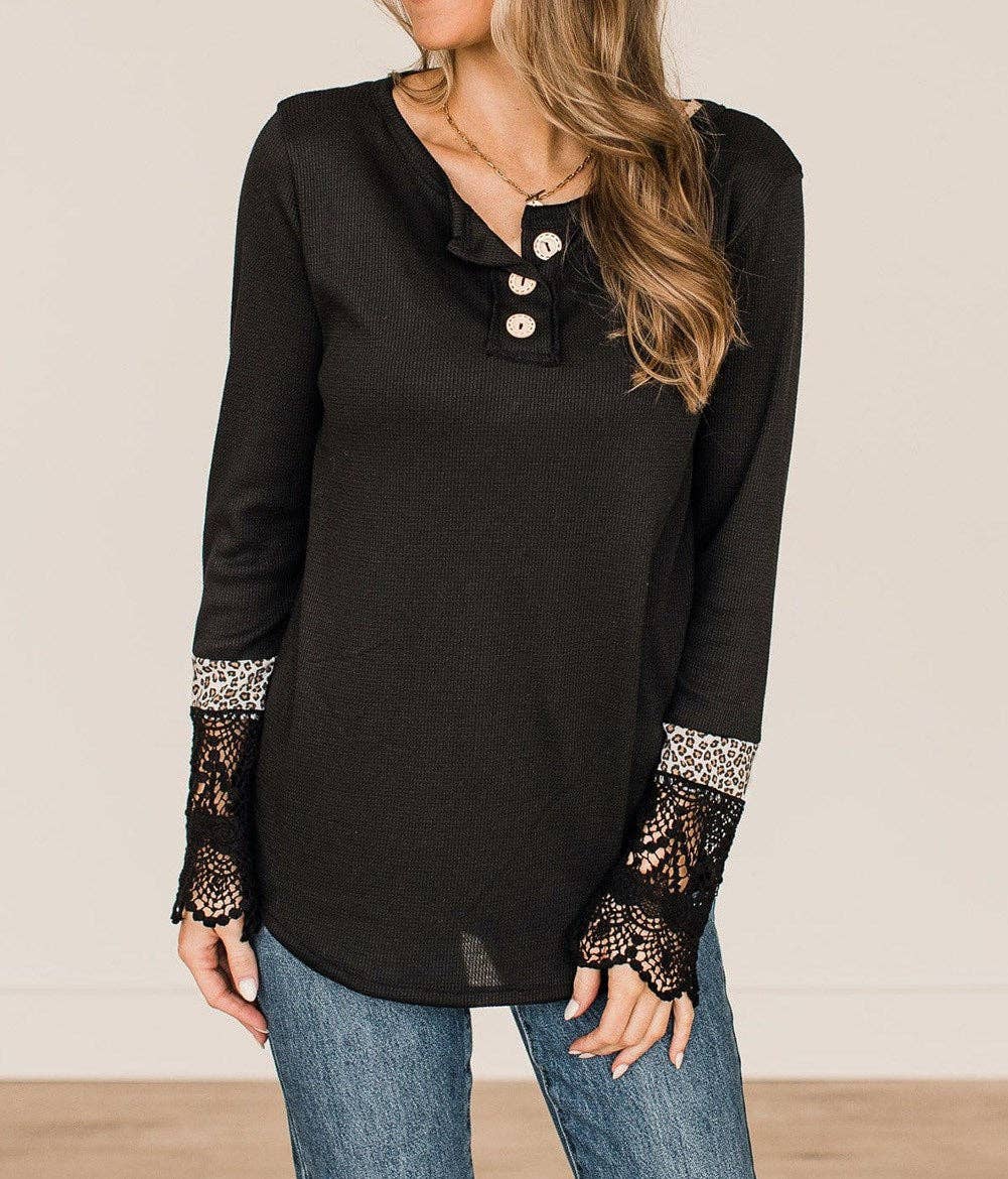 Secret Style Source - Delicate Lace Leopard Sleeve Top: M