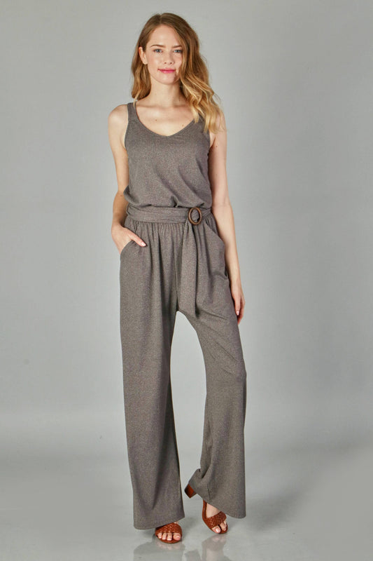 Peace Love Line - TWO TONE RIBBED KNIT JUMPSUIT: CHARCOAL