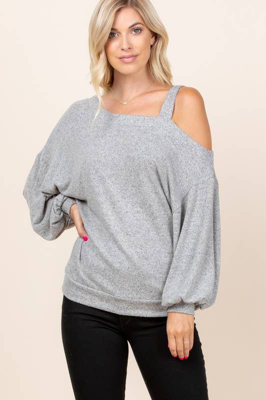 Emerald Collection-Solid Hacci Brush Cold Shoulder Top: Heather Grey